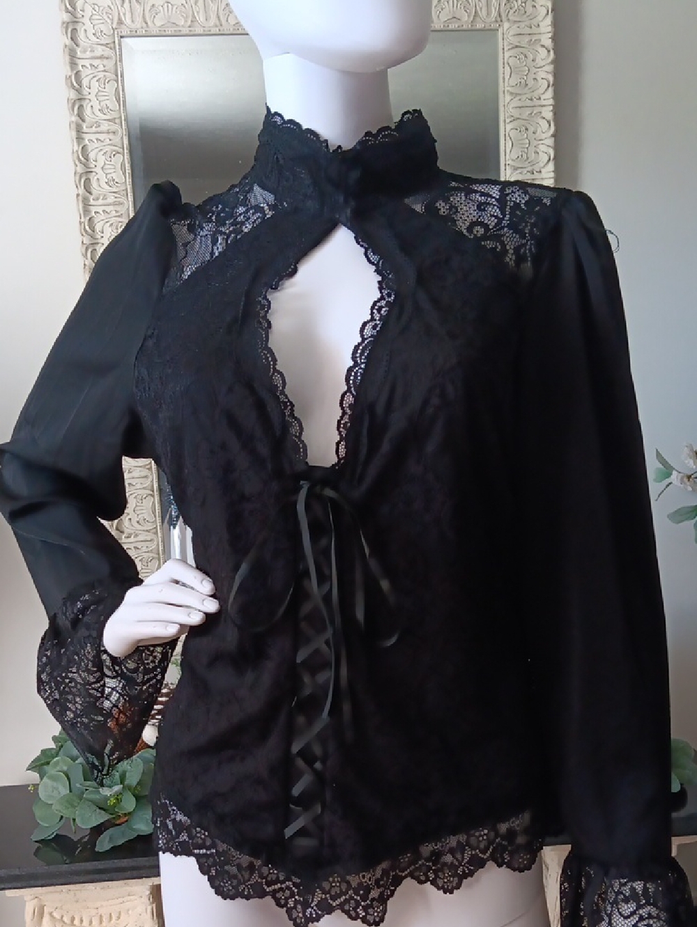 Black Lace Keyhole Tie-Front Blouse